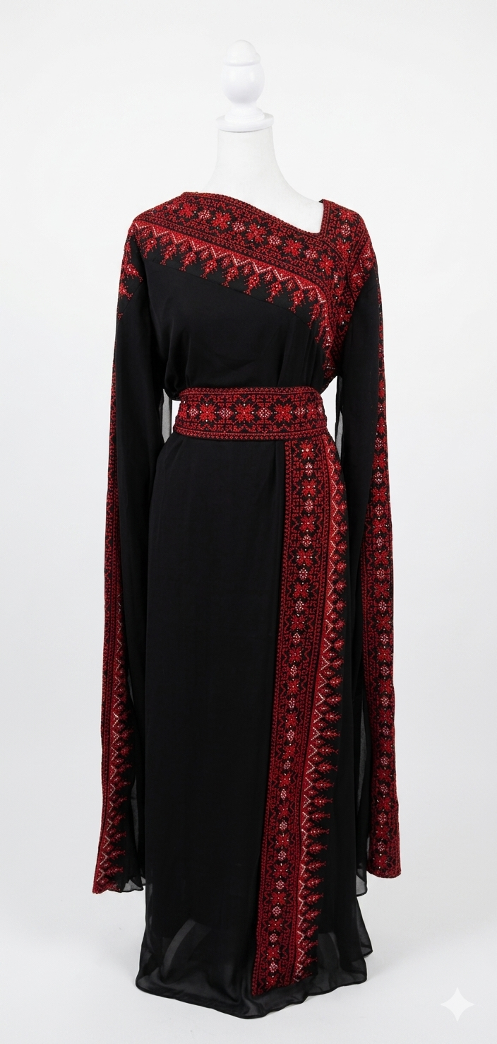 Black Embroidered Thobe Dress – Asymmetric Neck with Batwing Sleeves & Belt