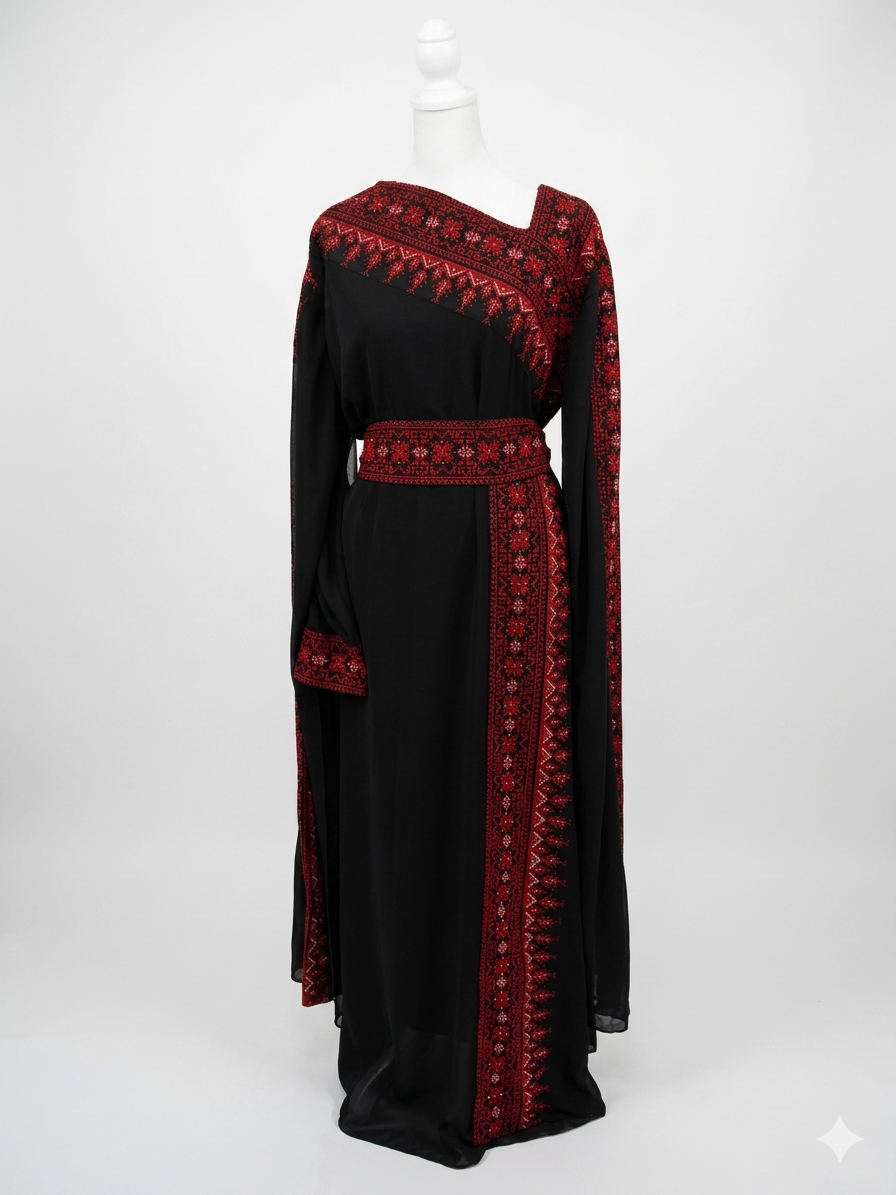 Black Embroidered Thobe Dress – Asymmetric Neck with Batwing Sleeves & Belt