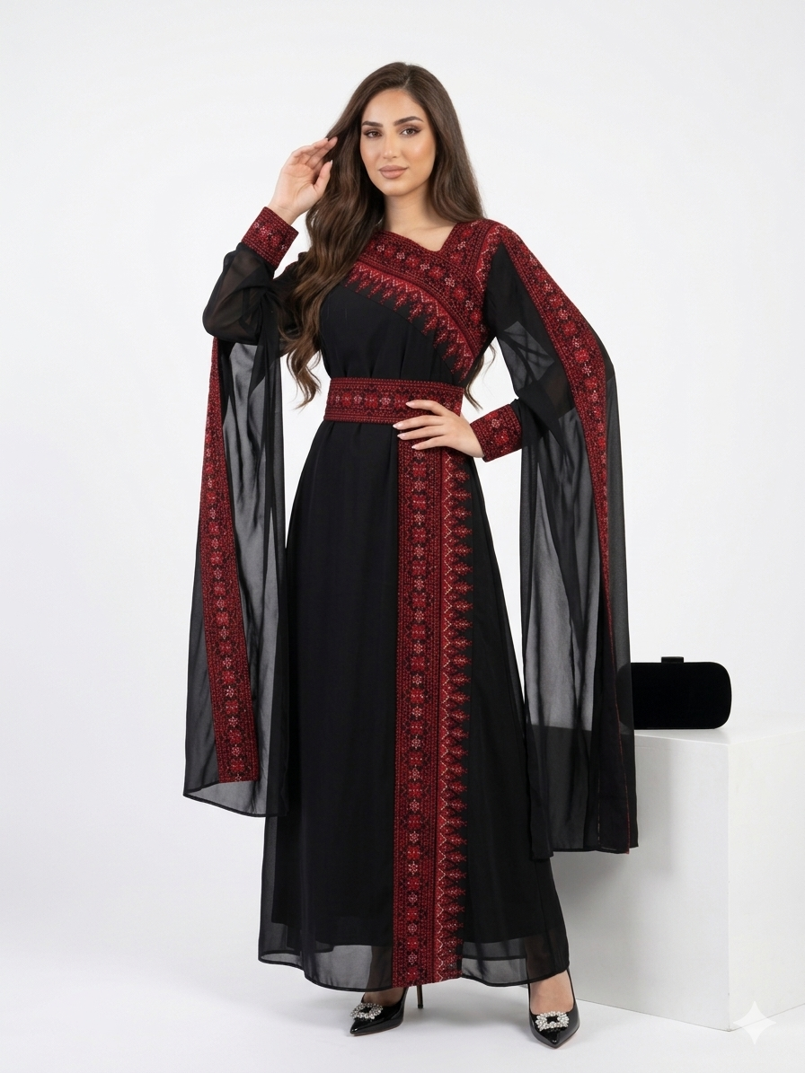 Black Embroidered Thobe Dress – Asymmetric Neck with Batwing Sleeves & Belt