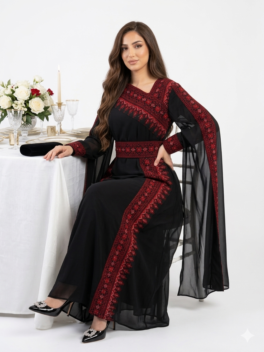 Black Embroidered Thobe Dress – Asymmetric Neck with Batwing Sleeves & Belt