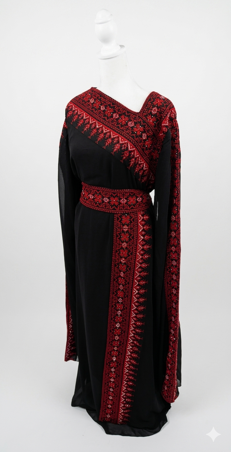 Black Embroidered Thobe Dress – Asymmetric Neck with Batwing Sleeves & Belt