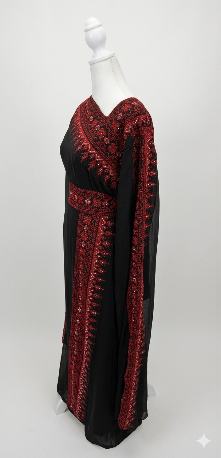 Black Embroidered Thobe Dress – Asymmetric Neck with Batwing Sleeves & Belt