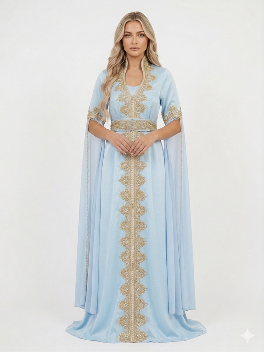 Luxury Baby Blue Kaftan Evening Dress with Gold Embellishments – Elegant Batwing Formal Gown