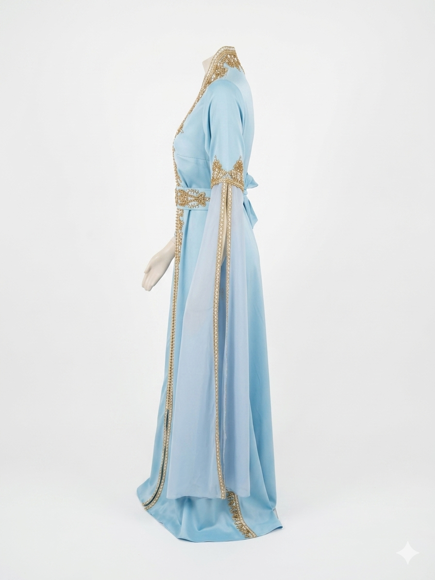 Baby Blue Kaftan Dress with Gold Embellishments | Luxury Evening Kaftan AlASEELA Baby Blue Kaftan Dress with Gold Embellishments | Luxury Evening Kaftan AlASEELA