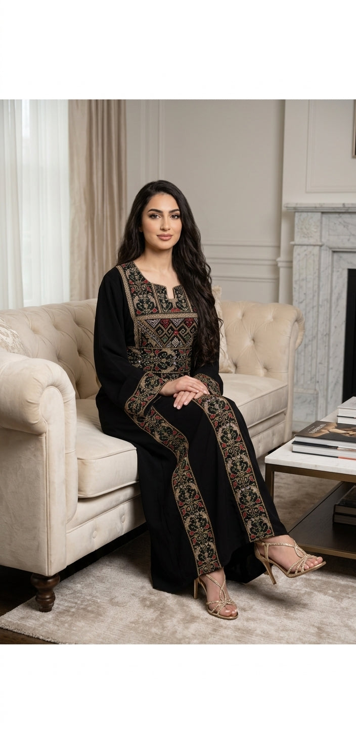Black & Beige Embroidered Thobe Dress – Traditional Occasion Dress