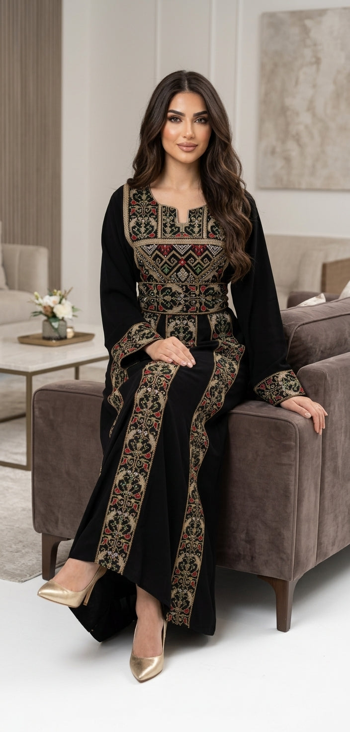 Black & Beige Embroidered Thobe Dress – Traditional Occasion Dress
