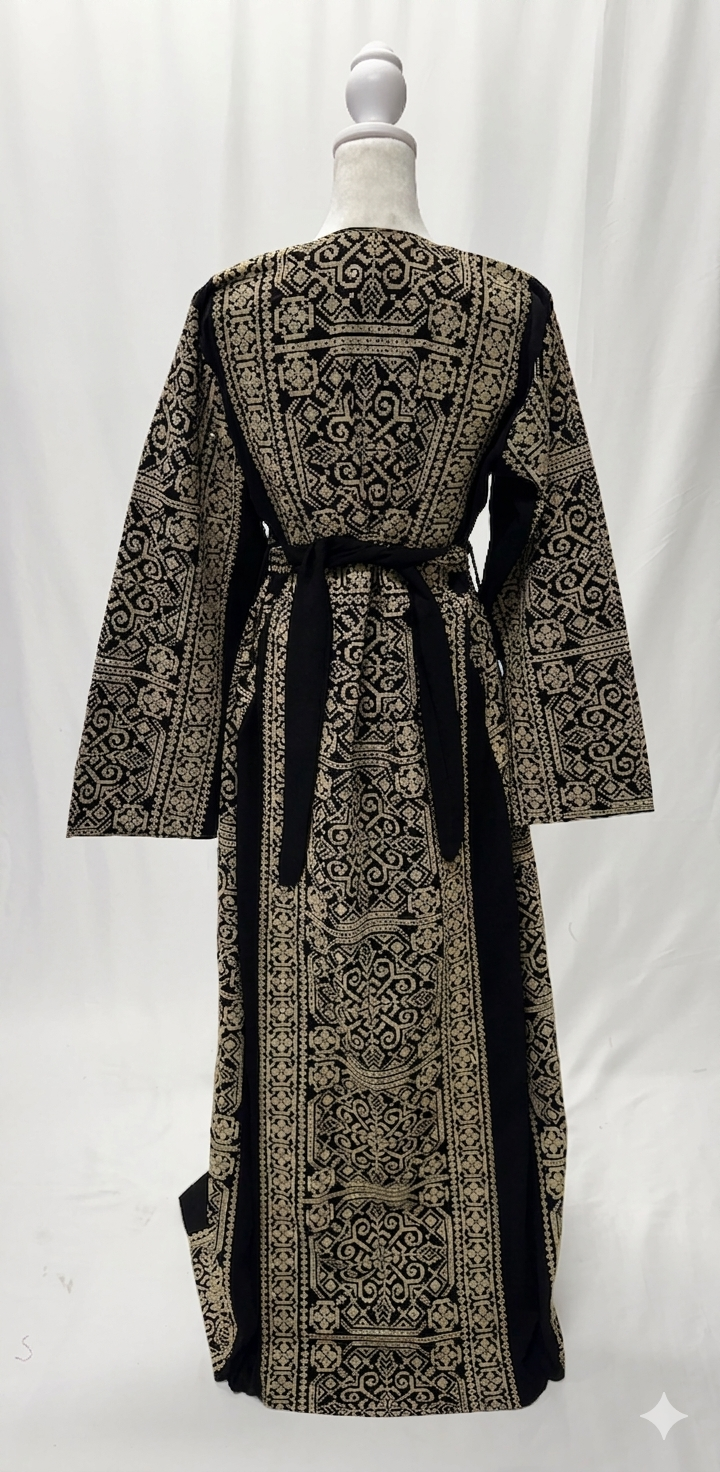 Embroidered Thobe Dress – Full Front & Back Detail with Sparkle (Red & Beige)