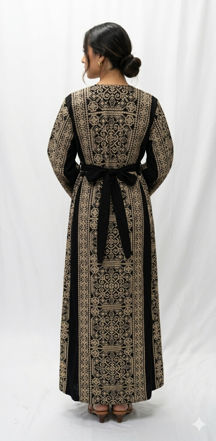 Embroidered Thobe Dress – Full Front & Back Detail with Sparkle (Red & Beige)