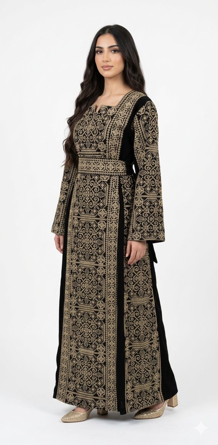 Embroidered Thobe Dress – Full Front & Back Detail with Sparkle (Red & Beige)