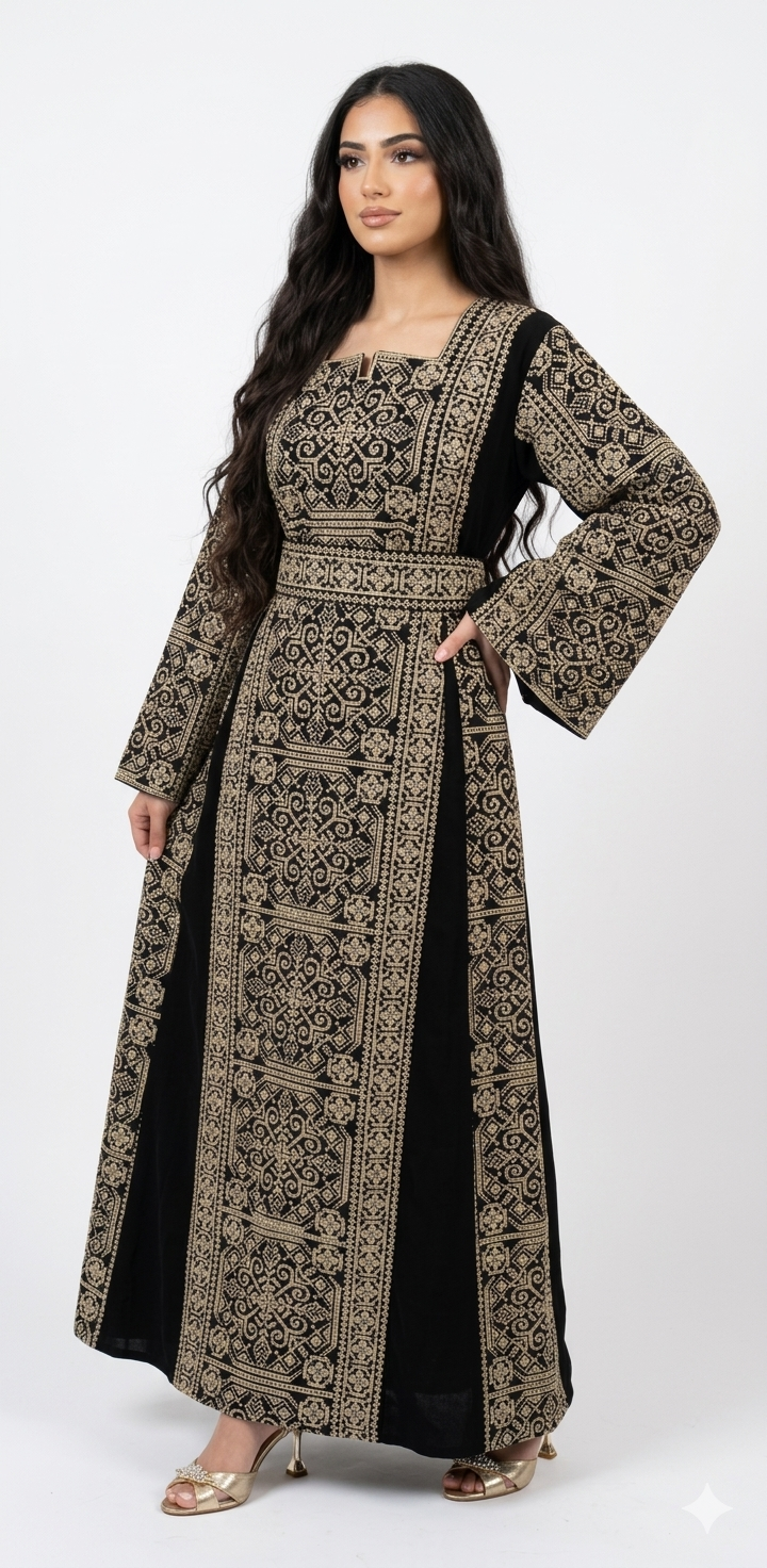 Embroidered Thobe Dress – Full Front & Back Detail with Sparkle (Red & Beige)