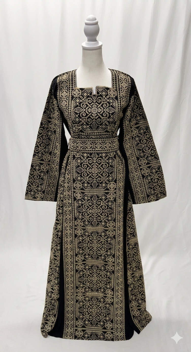 Embroidered Thobe Dress – Full Front & Back Detail with Sparkle (Red & Beige)