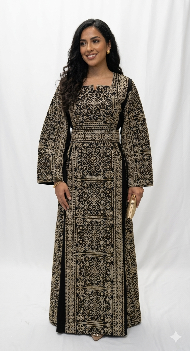 Embroidered Thobe Dress – Full Front & Back Detail with Sparkle (Red & Beige)