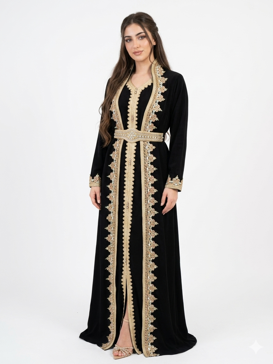 Elegant Black Two-Piece Kaftan Set with Embroidered Dress and Gold Embellishments