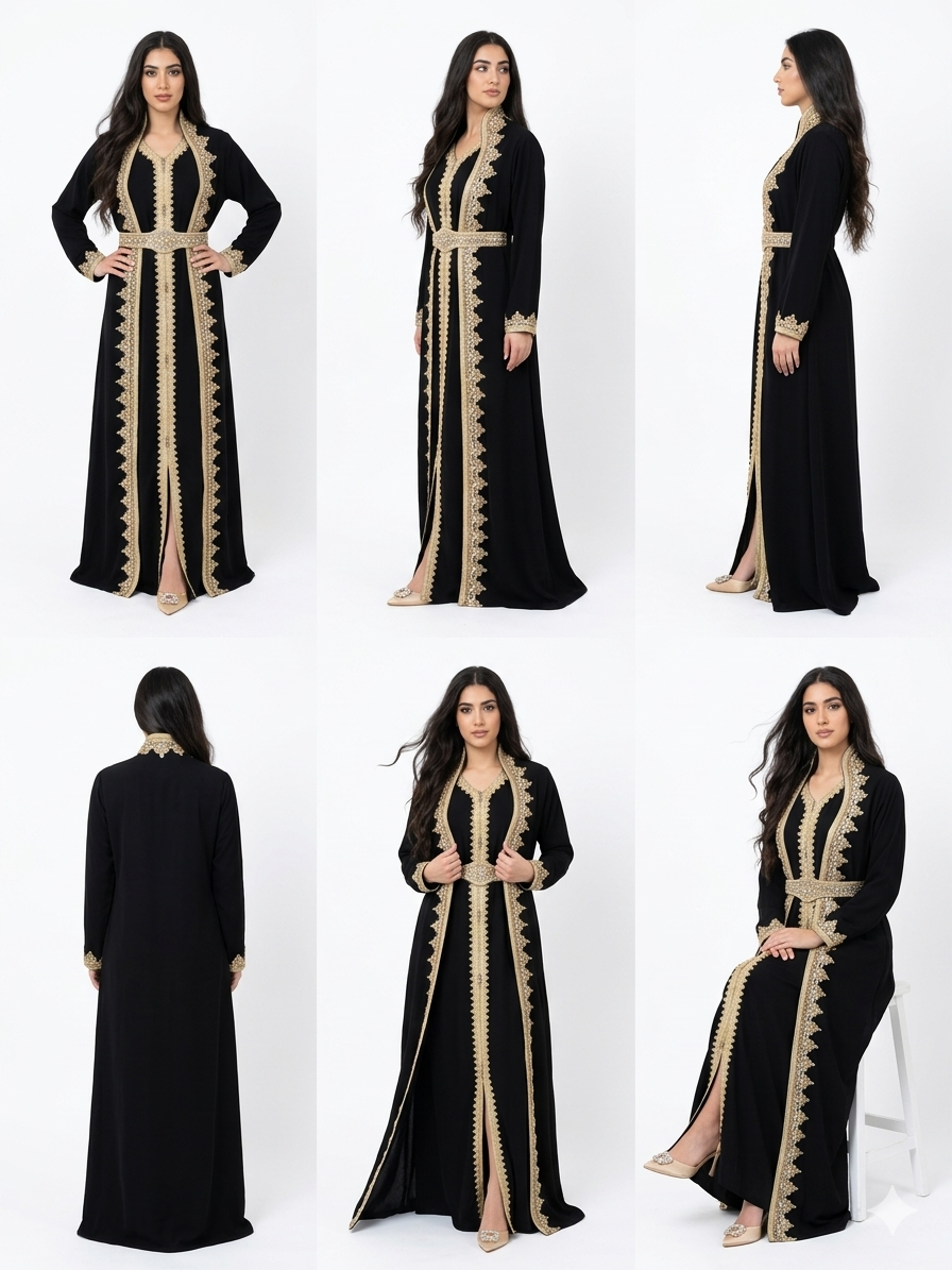 Elegant Black Two-Piece Kaftan Set with Embroidered Dress and Gold Embellishments