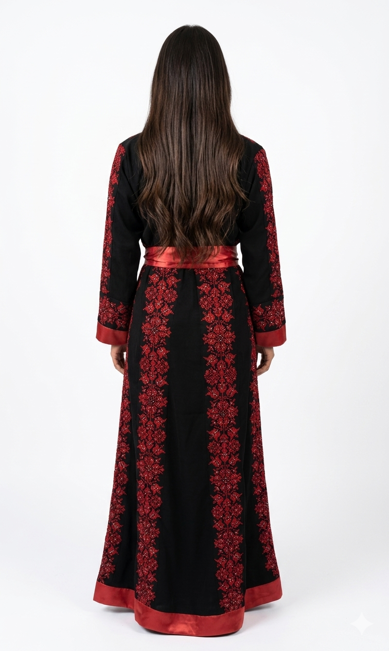 Black Embroidered Thobe Dress – Floral Motif Detail with Red Satin Belt