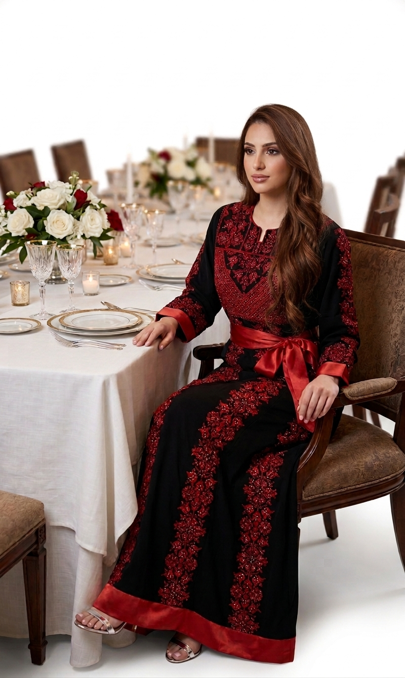 Black Embroidered Thobe Dress – Floral Motif Detail with Red Satin Belt