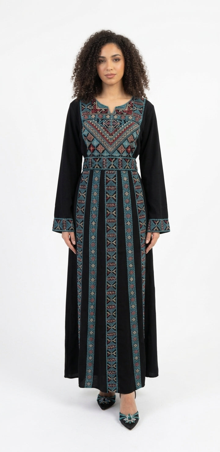 Classic Black & Blue Embroidered Thobe Dress