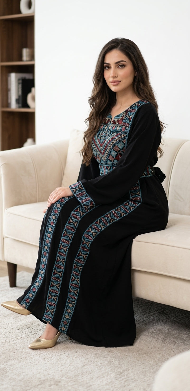 Classic Black & Blue Embroidered Thobe Dress