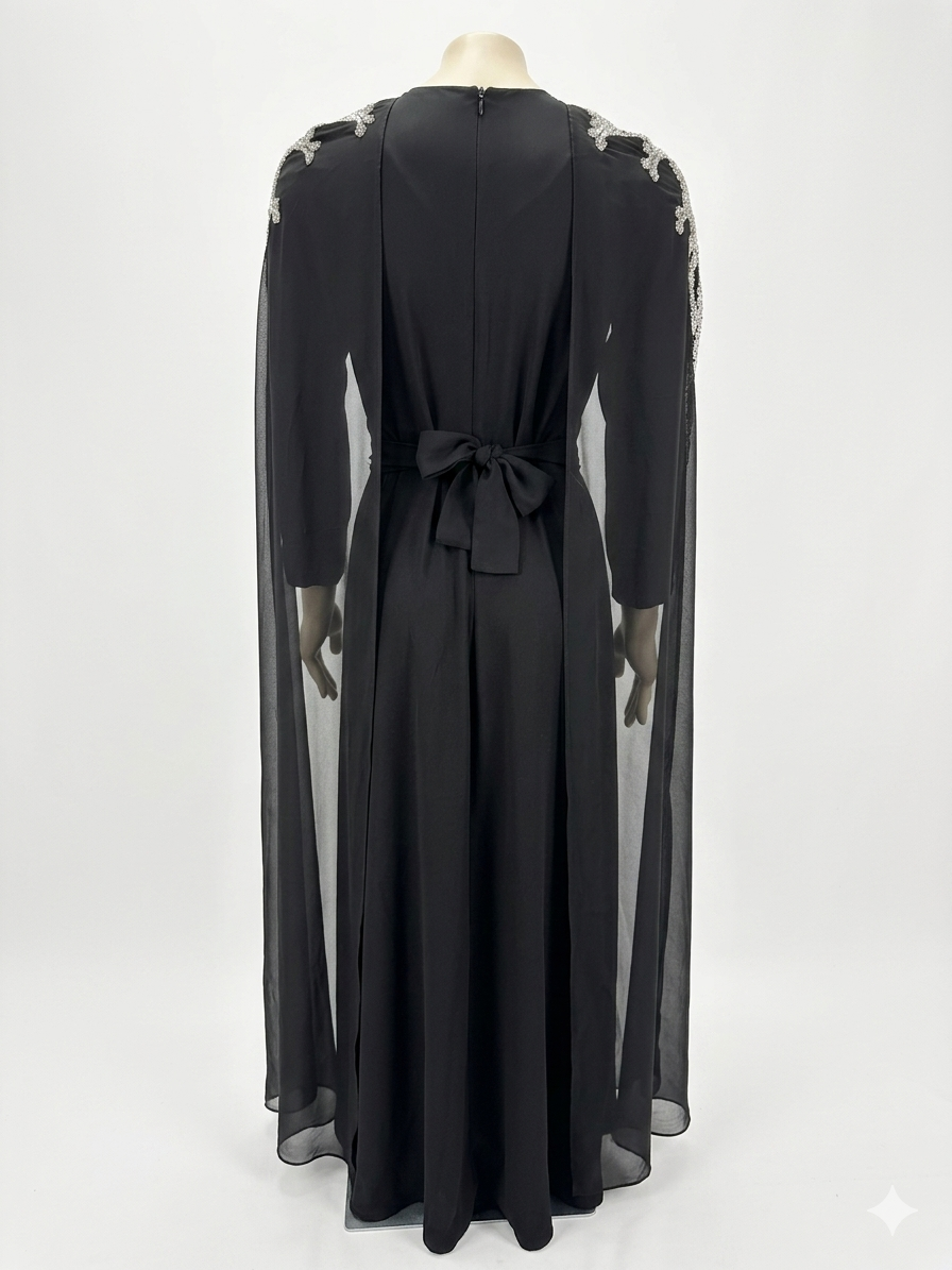 Elegant Black Beaded Kaftan Evening Dress with Belt – Batwing Sleeve Formal Gown