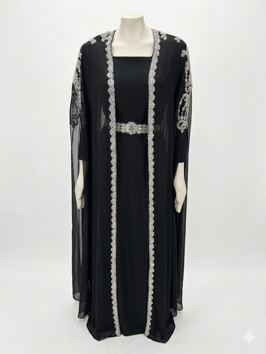 Elegant Black Beaded Kaftan Evening Dress with Belt – Batwing Sleeve Formal Gown
