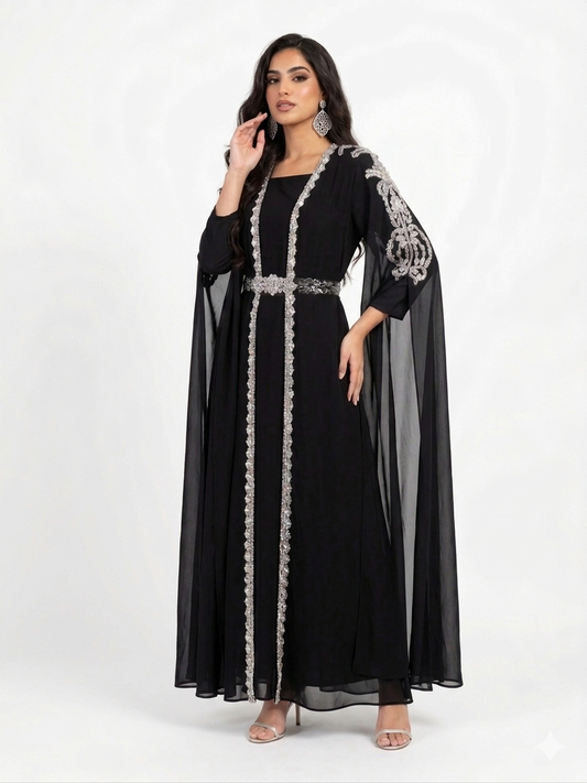 Elegant Black Beaded Kaftan Evening Dress with Belt – Batwing Sleeve Formal Gown