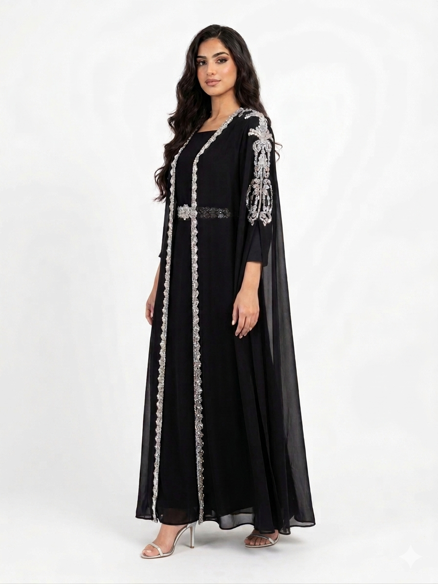 Elegant Black Beaded Kaftan Evening Dress with Belt – Batwing Sleeve Formal Gown