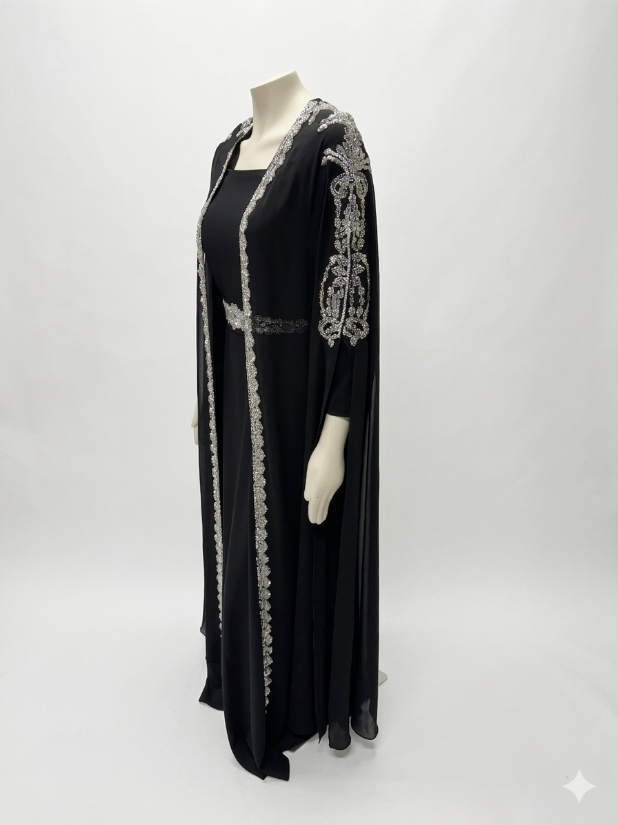 Elegant Black Beaded Kaftan Evening Dress with Belt – Batwing Sleeve Formal Gown