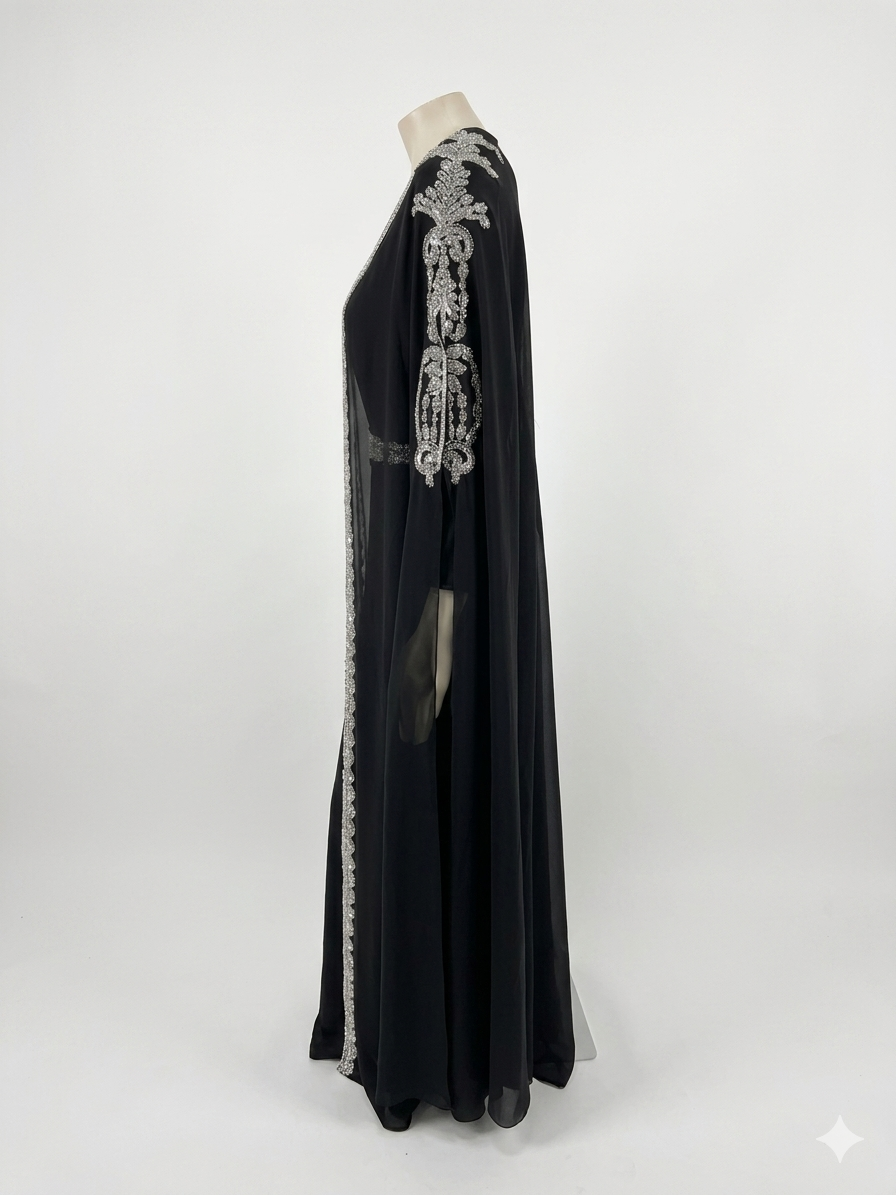 Elegant Black Beaded Kaftan Evening Dress with Belt – Batwing Sleeve Formal Gown