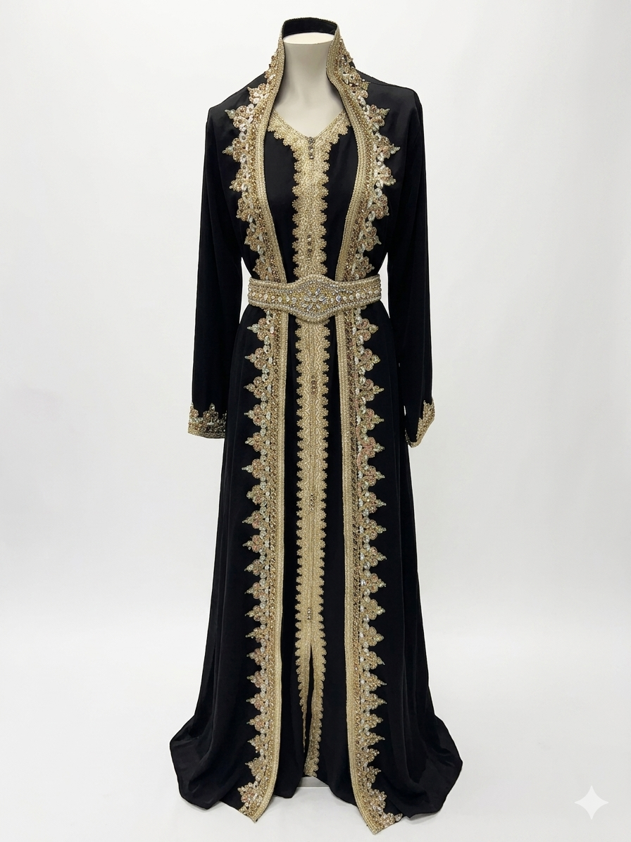 Elegant Black Two-Piece Kaftan Set with Embroidered Dress and Gold Embellishments