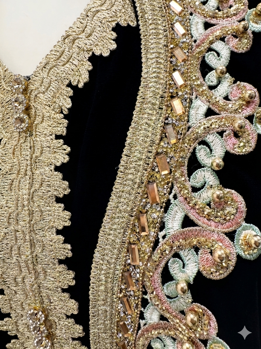 Elegant Black Two-Piece Kaftan Set with Embroidered Dress and Gold Embellishments