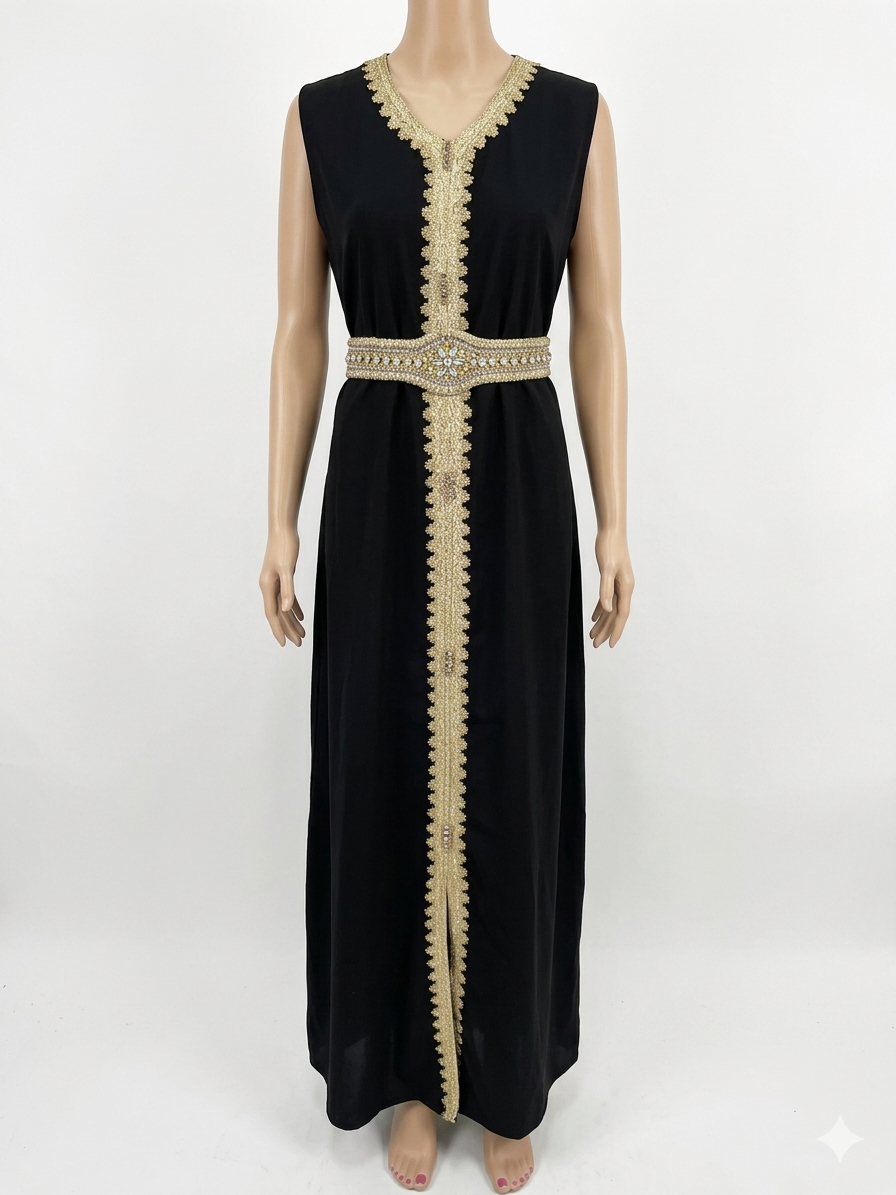Elegant Black Two-Piece Kaftan Set with Embroidered Dress and Gold Embellishments