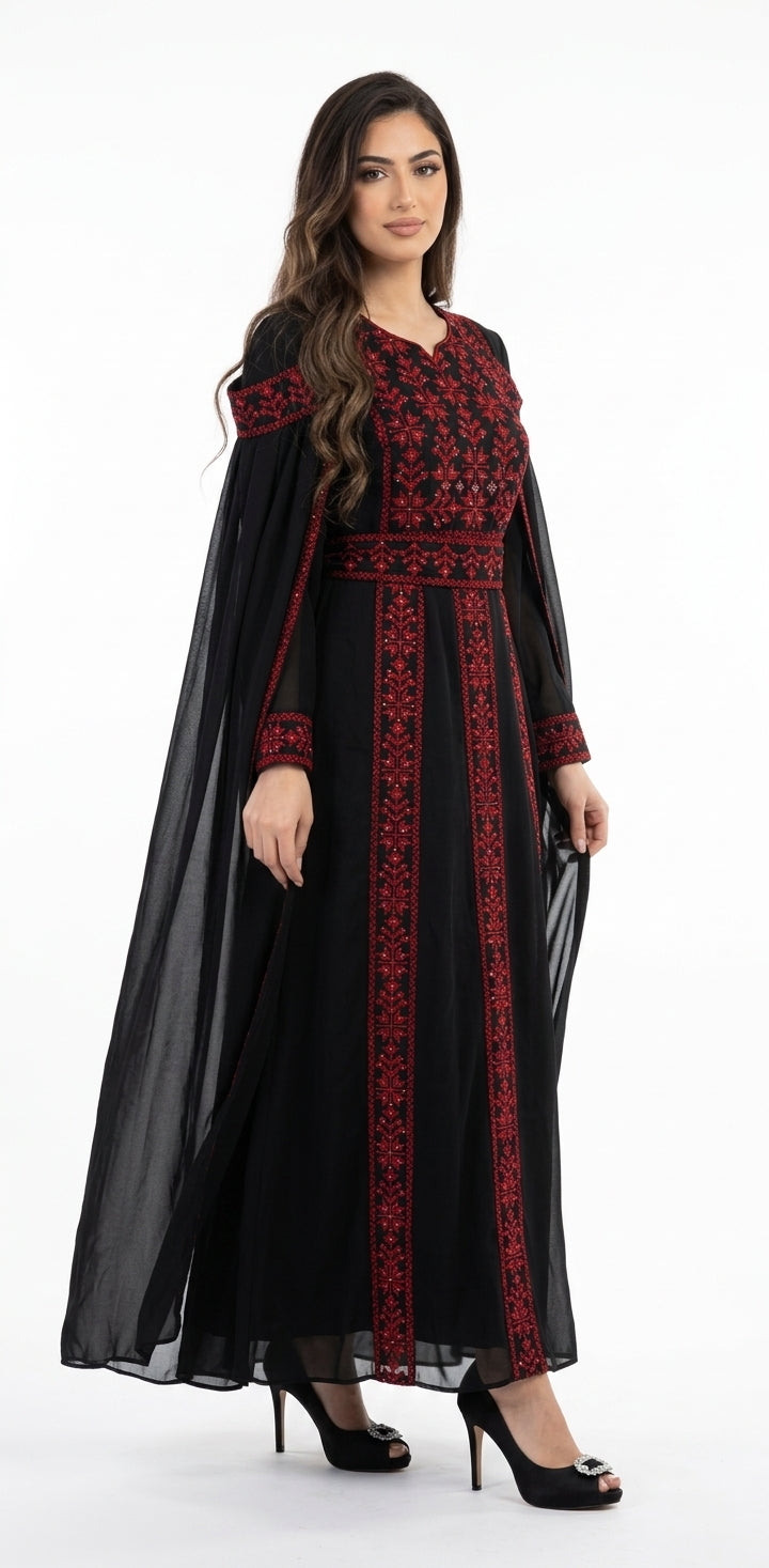 Black & Red Embroidered Thobe Dress with Dramatic Shoulder Drapes & Tarha