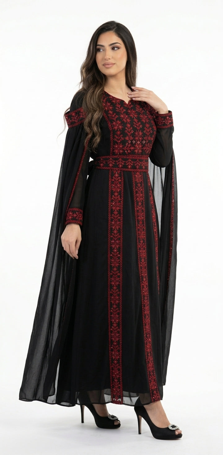 Black & Red Embroidered Thobe Dress with Dramatic Shoulder Drapes & Tarha
