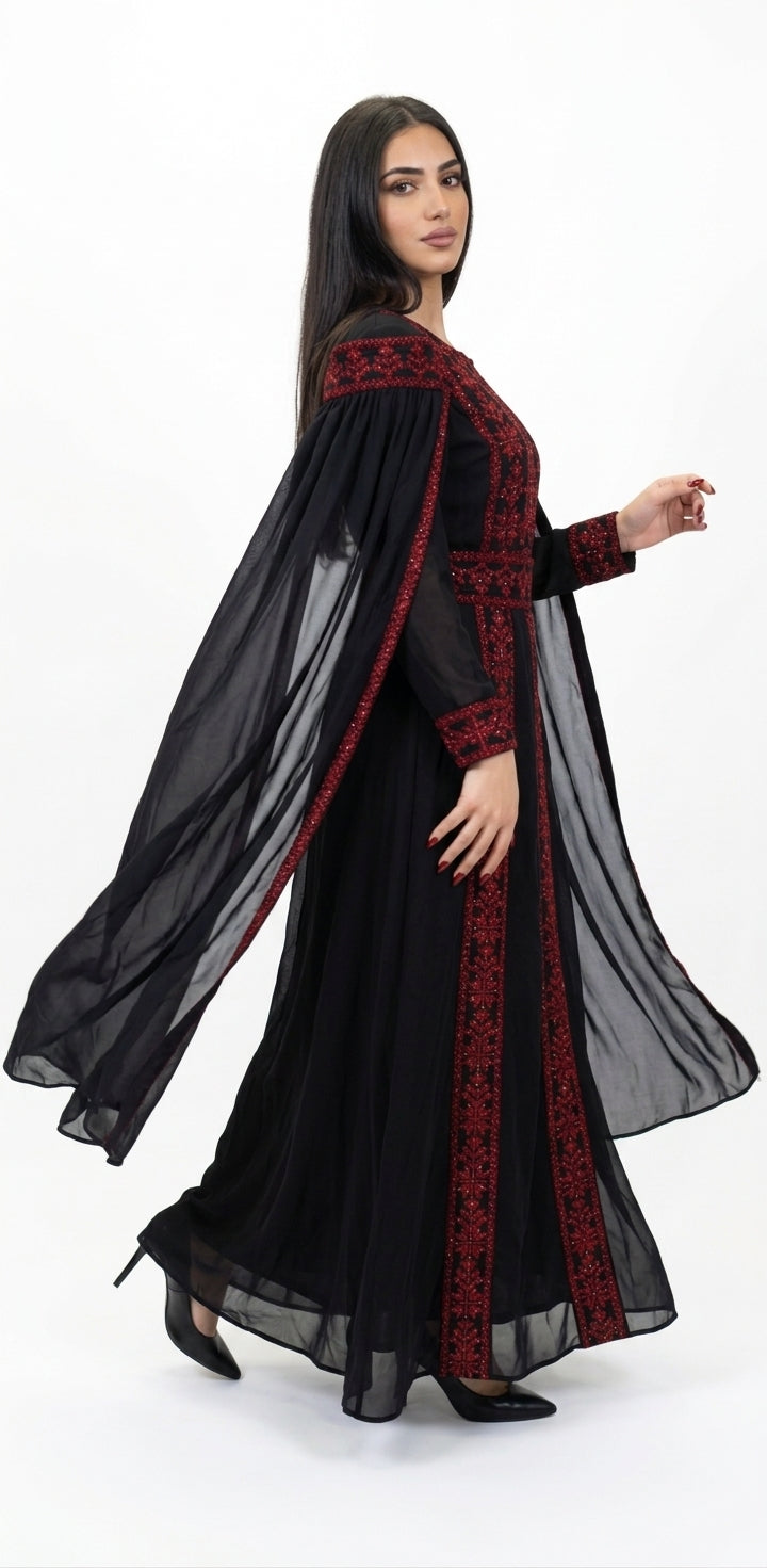 Black & Red Embroidered Thobe Dress with Dramatic Shoulder Drapes & Tarha