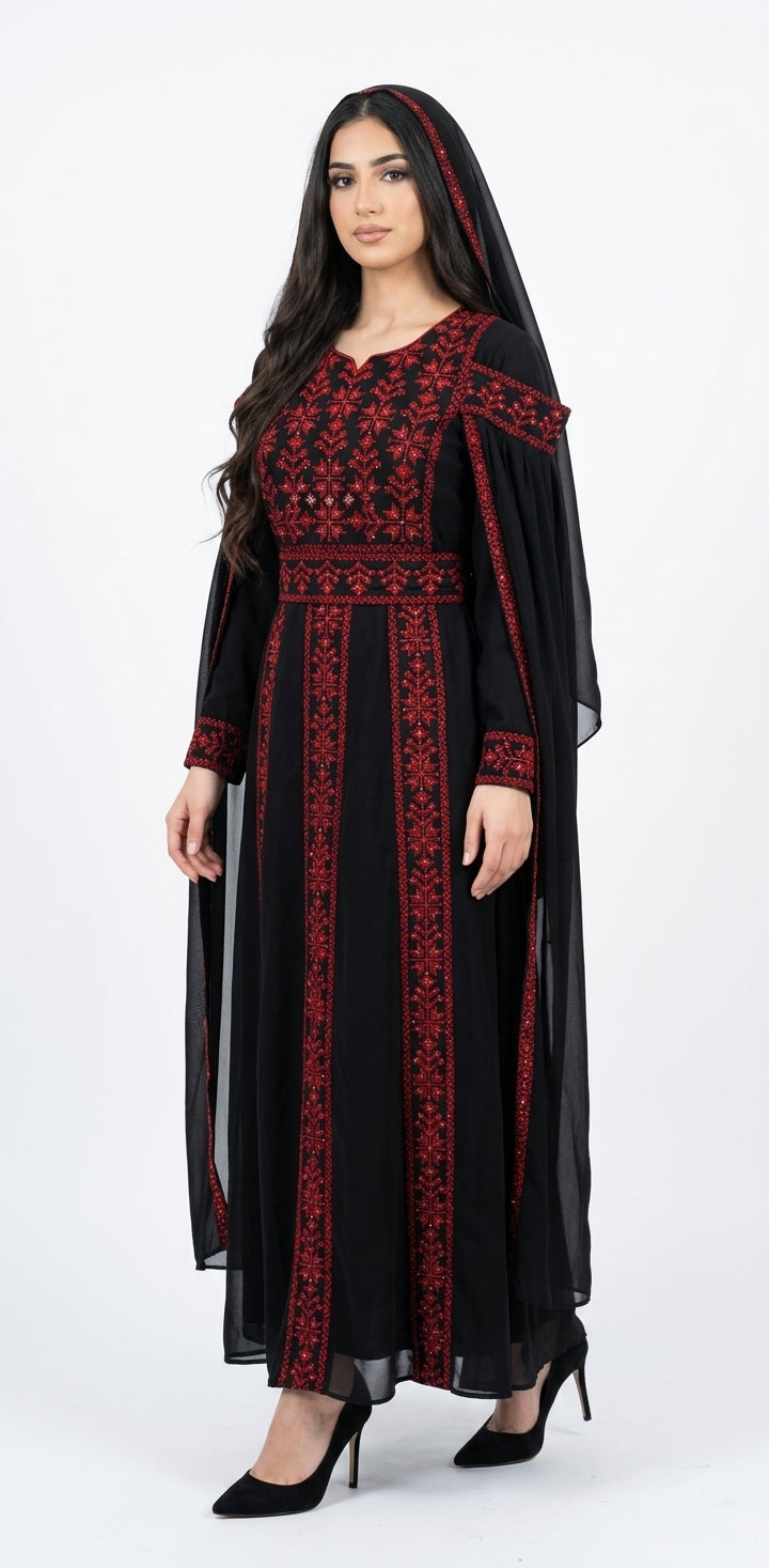 Black & Red Embroidered Thobe Dress with Dramatic Shoulder Drapes & Tarha
