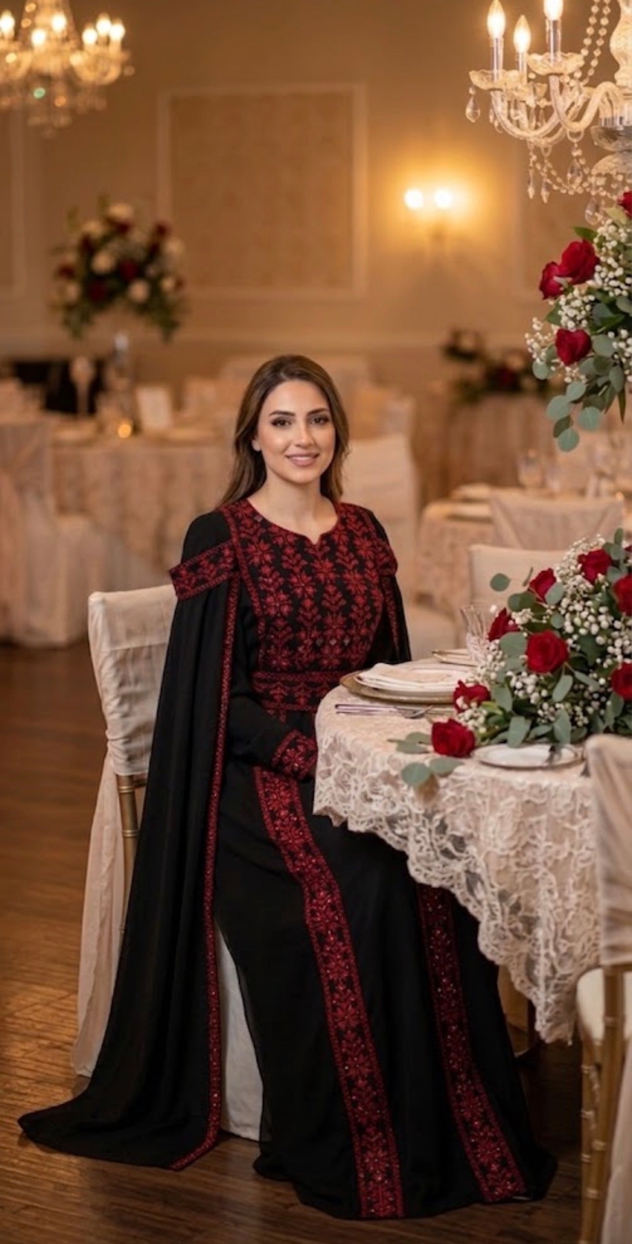 Black & Red Embroidered Thobe Dress with Dramatic Shoulder Drapes & Tarha