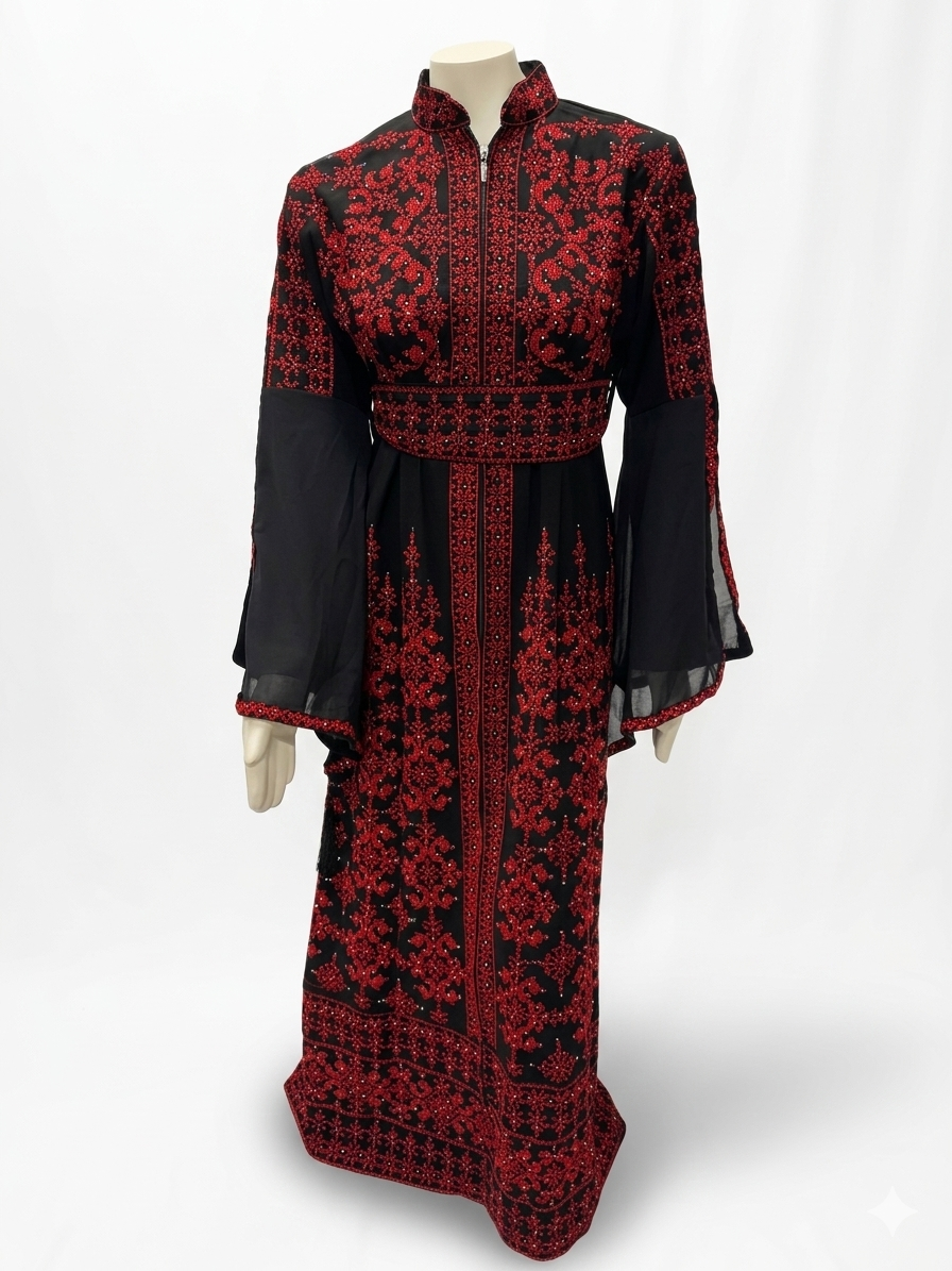 Front Zipper Embroidered Abaya Dress with Belt – Modest Maxi Abaya for Women