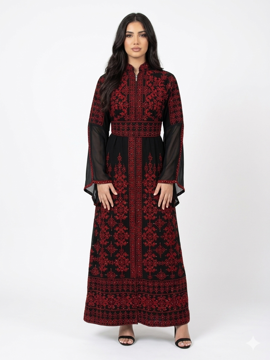 Front Zipper Embroidered Abaya Dress with Belt – Modest Maxi Abaya for Women