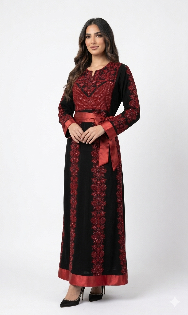Black Embroidered Thobe Dress – Floral Motif Detail with Red Satin Belt