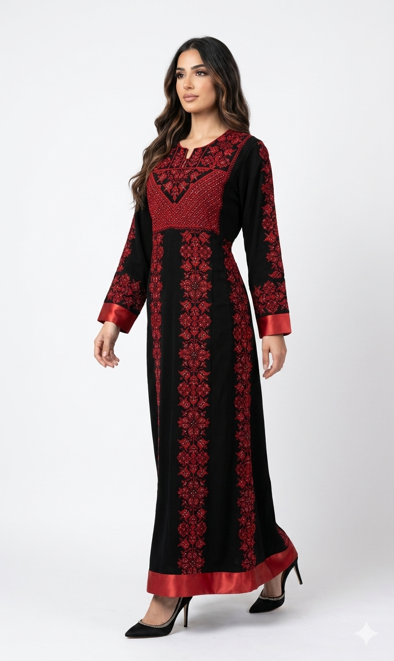 Black Embroidered Thobe Dress – Floral Motif Detail with Red Satin Belt