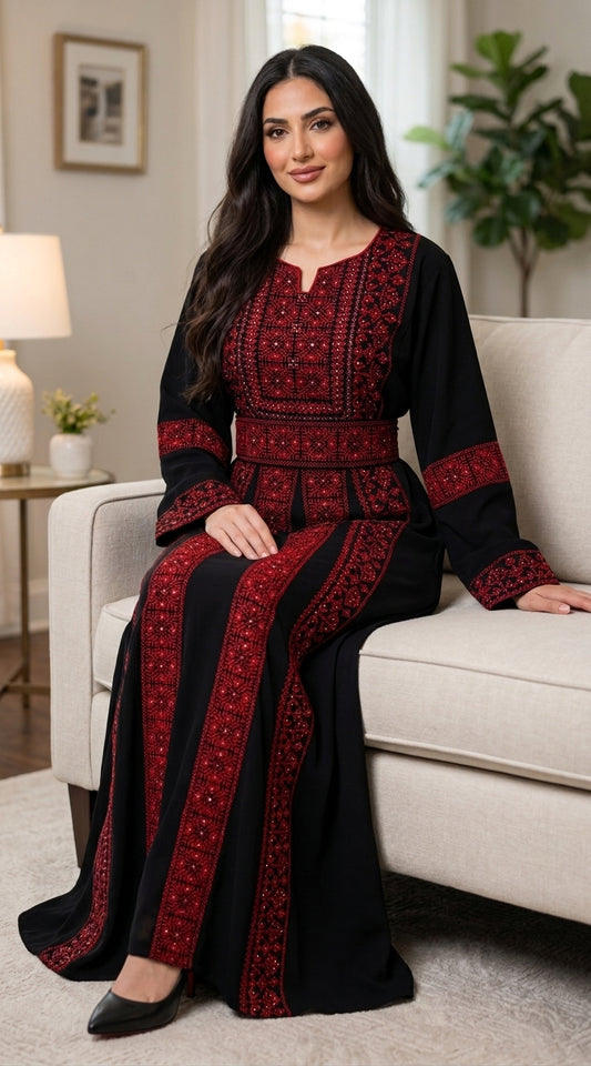 Classic Black & Red Embroidered Thobe Dress