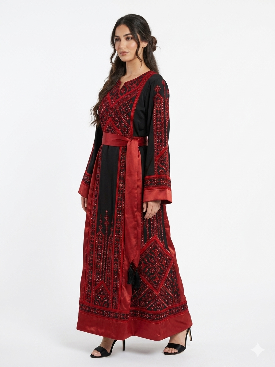 Black & Red Embroidered Thobe Dress with Tarha & Satin Belt