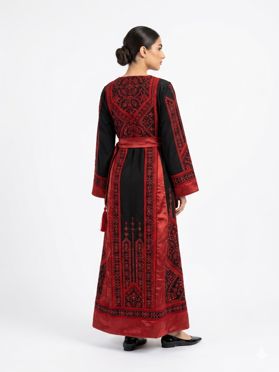 Black & Red Embroidered Thobe Dress with Tarha & Satin Belt