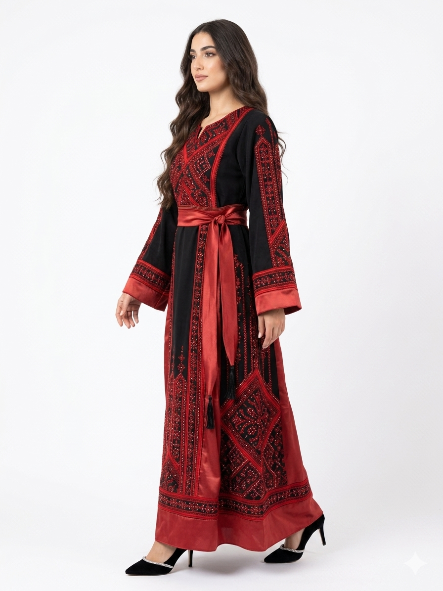 Black & Red Embroidered Thobe Dress with Tarha & Satin Belt