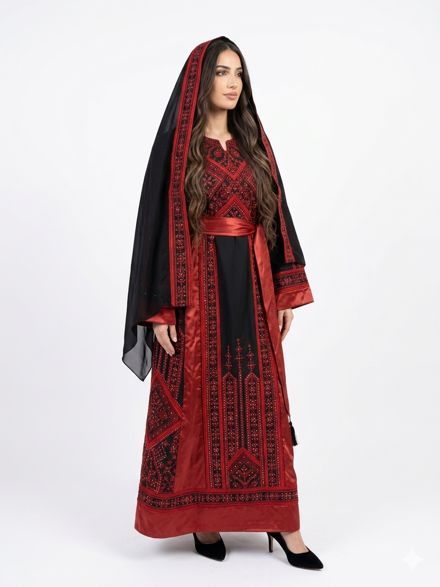 Black & Red Embroidered Thobe Dress with Tarha & Satin Belt