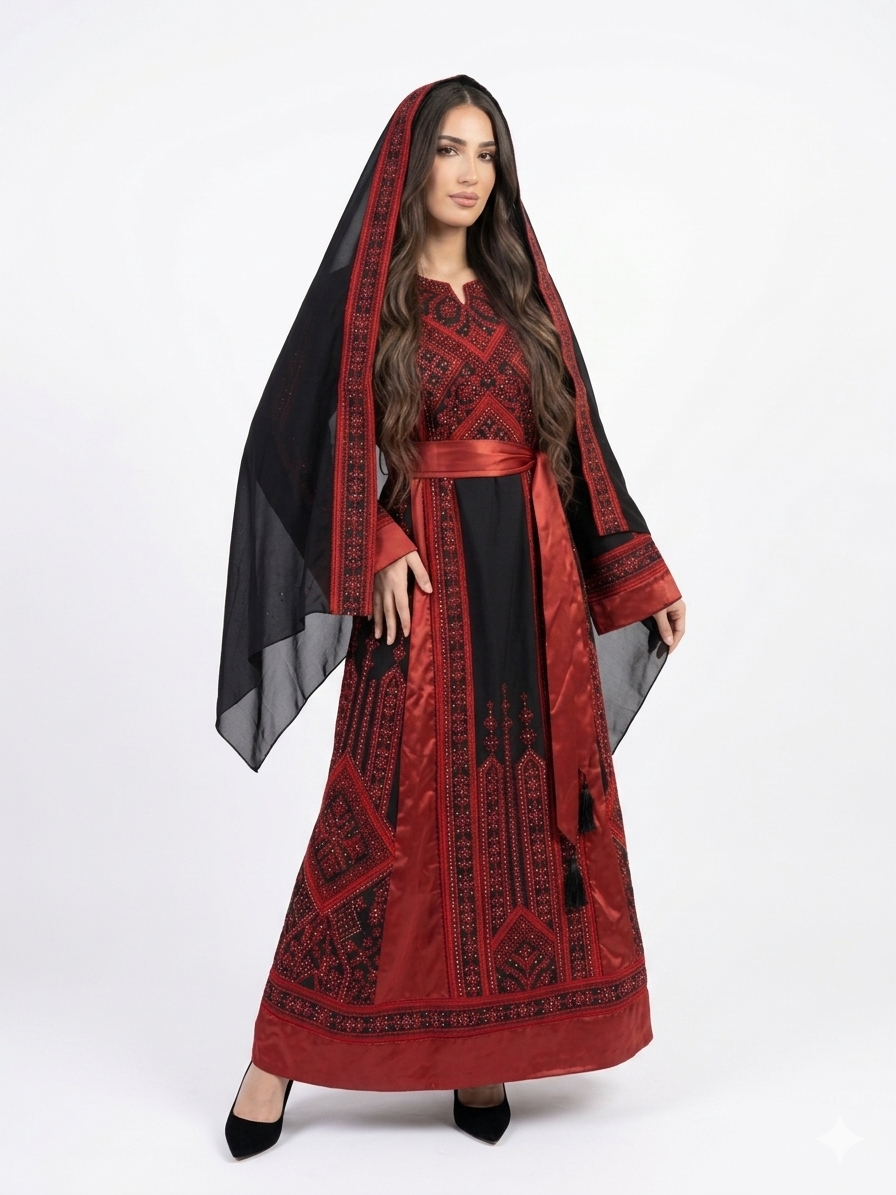 Black & Red Embroidered Thobe Dress with Tarha & Satin Belt