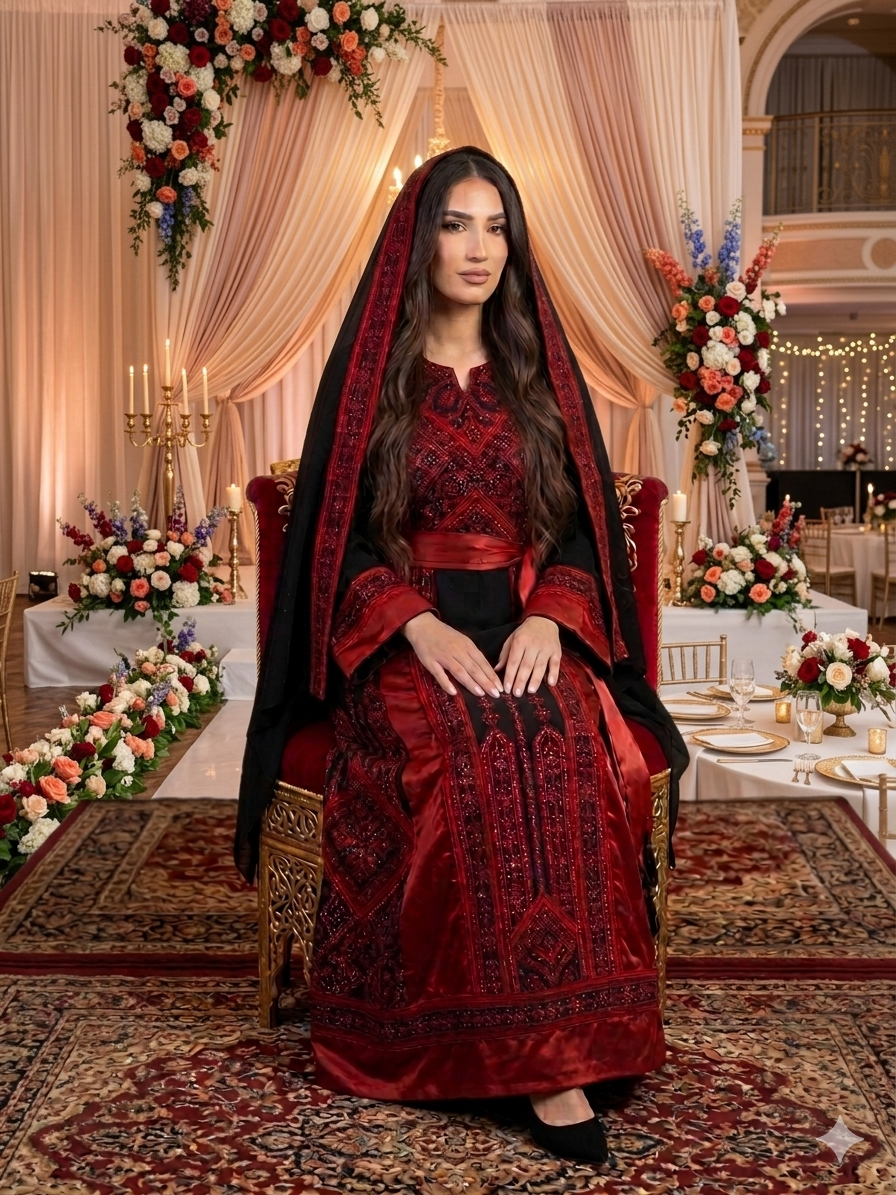 Black & Red Embroidered Thobe Dress with Tarha & Satin Belt