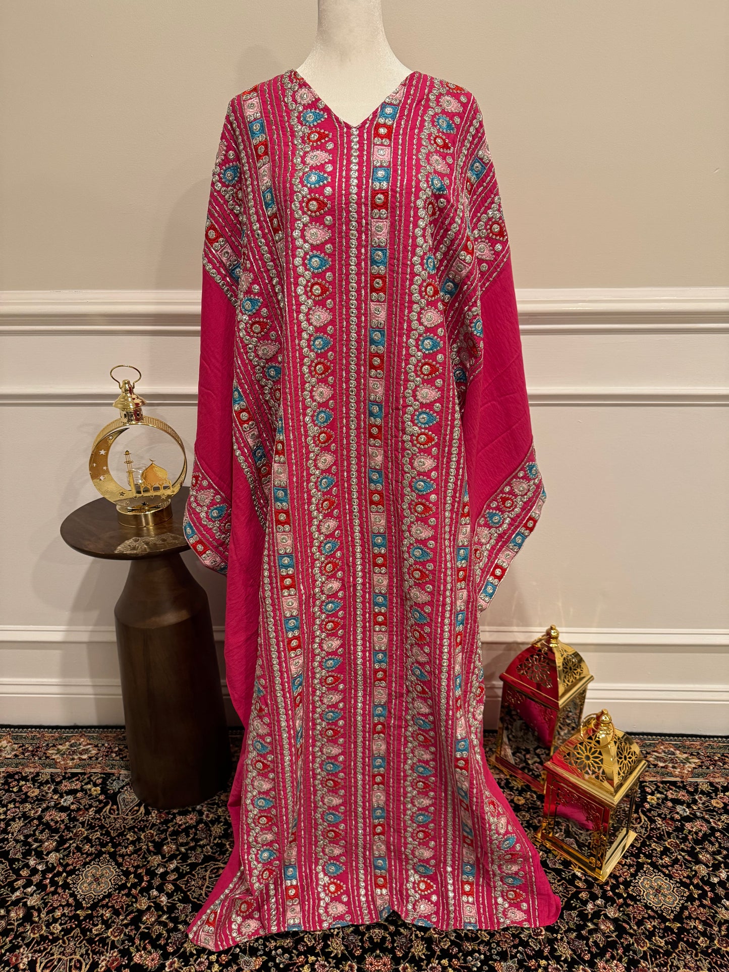 Embroidered butterfly sleeve dress with mirror details
