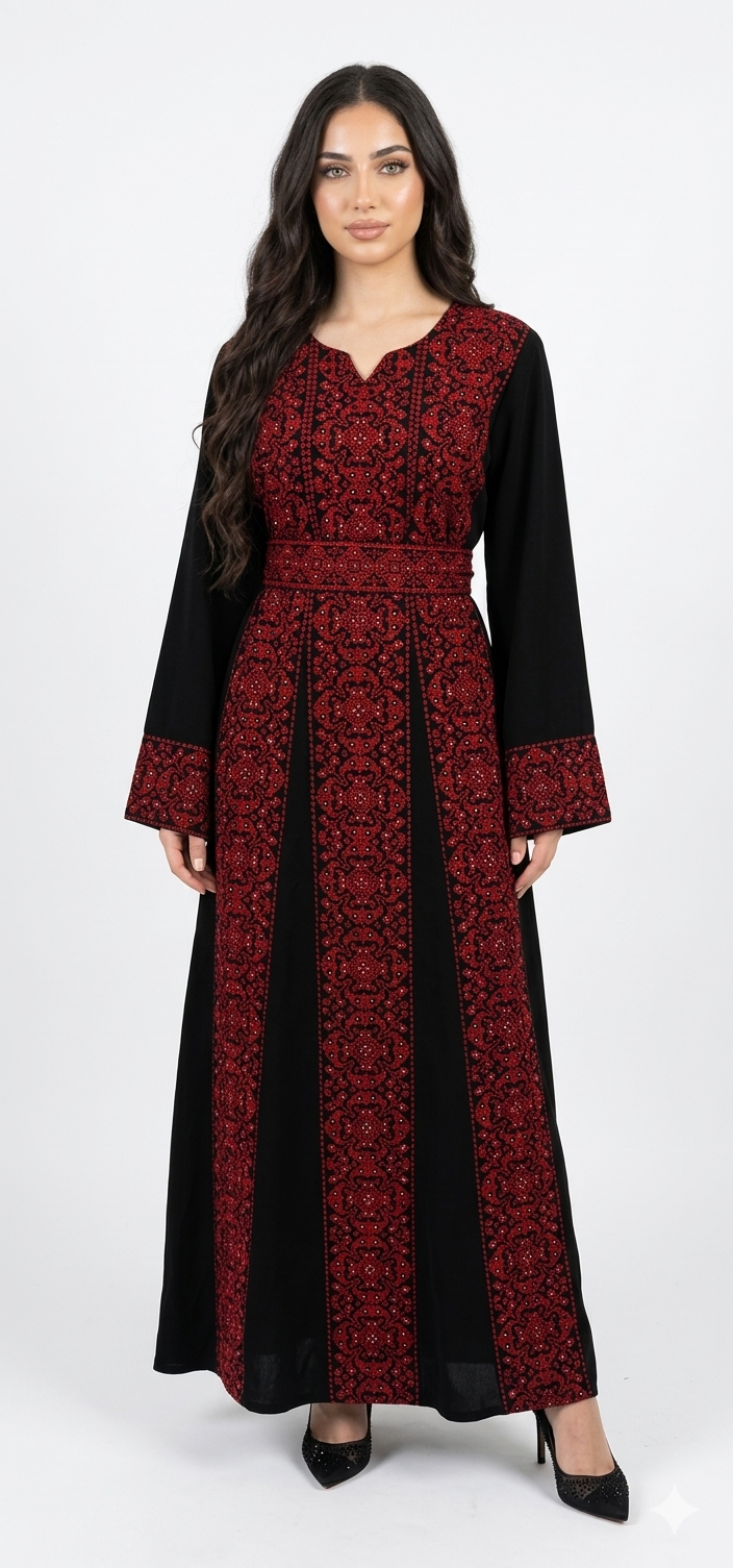 Classic Embroidered Thobe – Black & Red Floral Motif