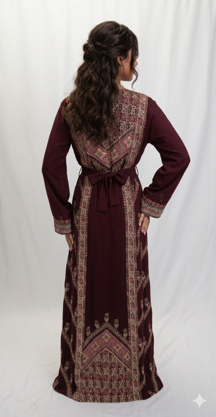 Maroon Embroidered Thobe Dress – Elegant Front & Back Detail with Sleeve Accents